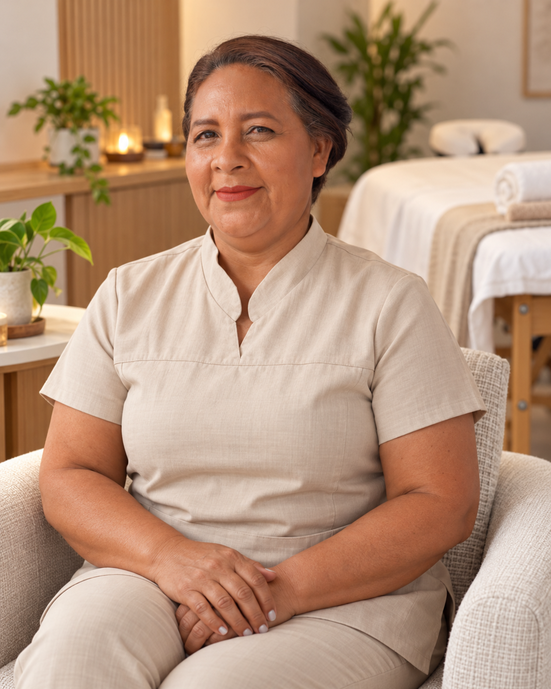 Retrato de Antônia Elielza Ferreira dos Anjos sentada em uma poltrona em seu espaço terapêutico